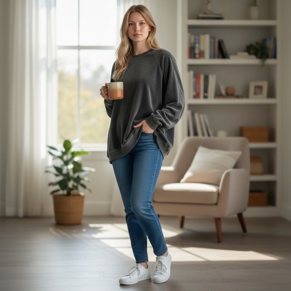 Aerie Tops - Aerie Womens Charcoal Velour Oversized Sweatshirt Long Sleeve Crew Neck Cozy Top